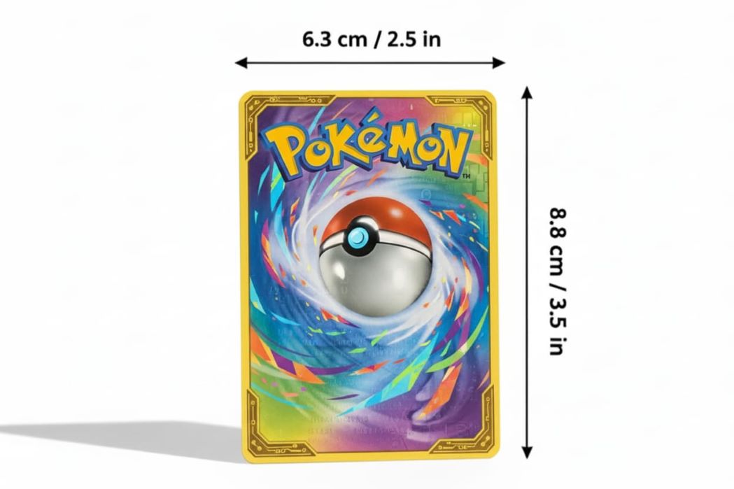 Infographic showing the standard Pokémon card dimensions: 6.3 cm / 2.5 in wide and 8.8 cm / 3.5 in long.